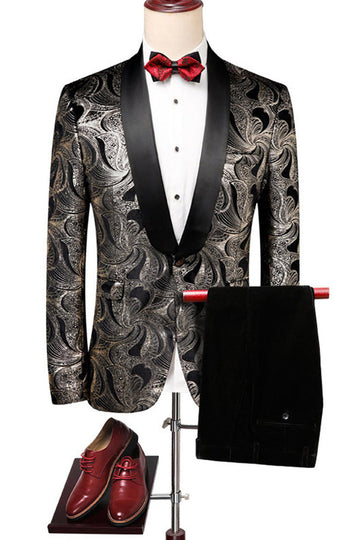 Black Silver Shawl Lapel Printed Men's Suits